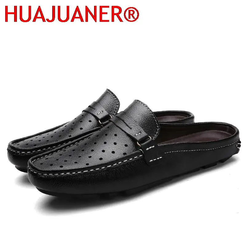 

Summer Mens Half Shoes For Men Casual Genuine Leather Loafers Moccasins Breathable Hollow Out Designers Slipon Lazy Slippers Man