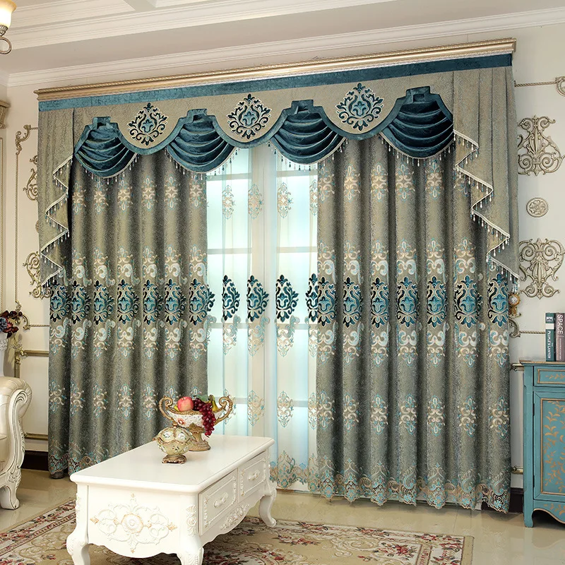 

European Curtains for Bedroom Living Room Dining High-end Valance Luxury Gray Chenille Pelmet for Windows Drapes Sheer