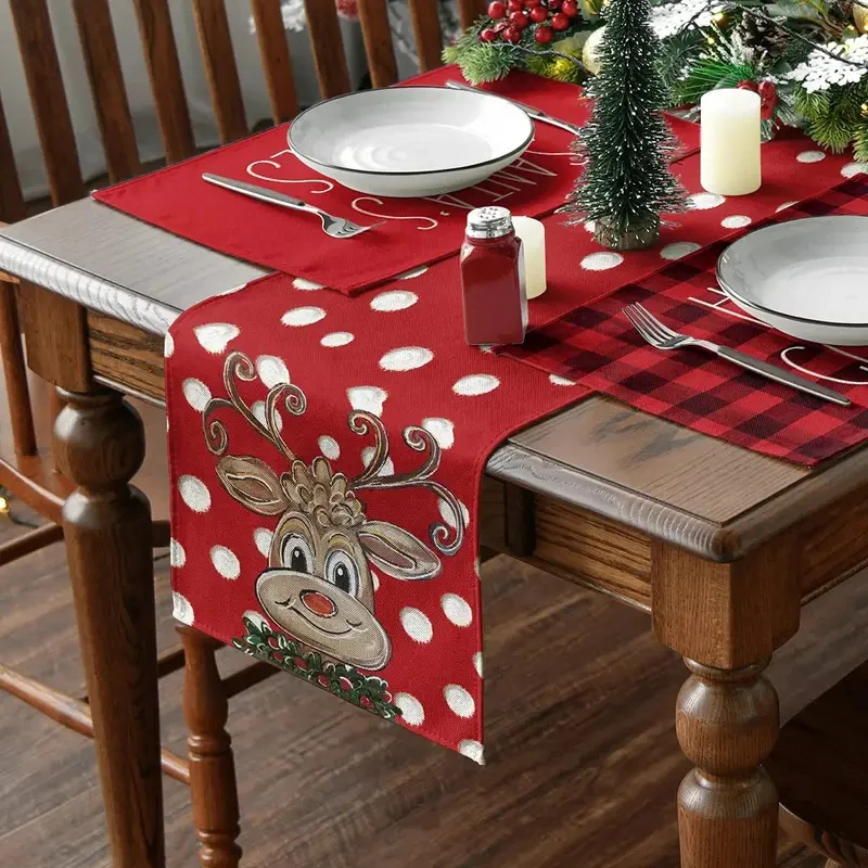 

Cute Reindeer Christmas Table Runner Linen Santa Claus/Snowman Pattern Table Runners Newest Xmas Dining Table Decoration