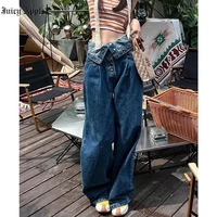 juicy apple womens pants 2022 streetwear straight solid color high waist trouser baggy fashion girl jeans wide leg denim pants
