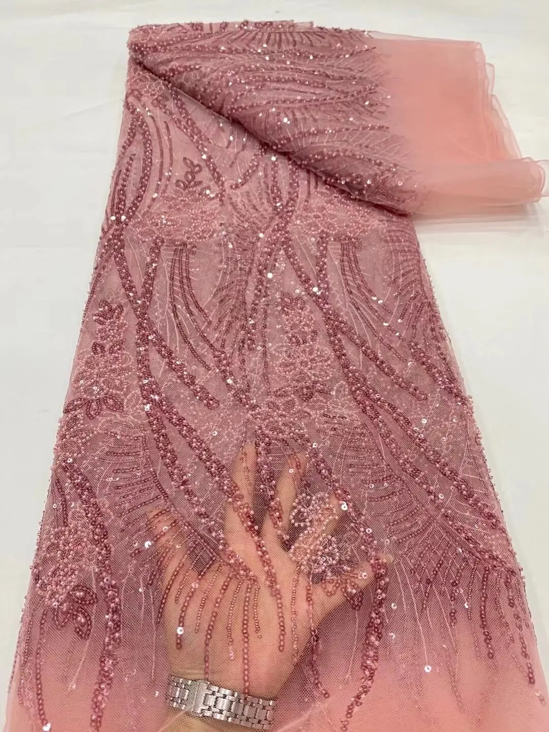 

Fashion High Quality African Nigerian Tulle Party Dress Damask Wedding Embroidery For Sewing Sequins Lace Fabric 5Yards DP0030