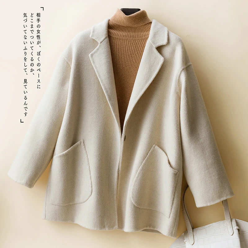 Autumn and winter new 100% pure wool coat women's cocoon small loose handmade double-sided cashmere woolen short paragraph
