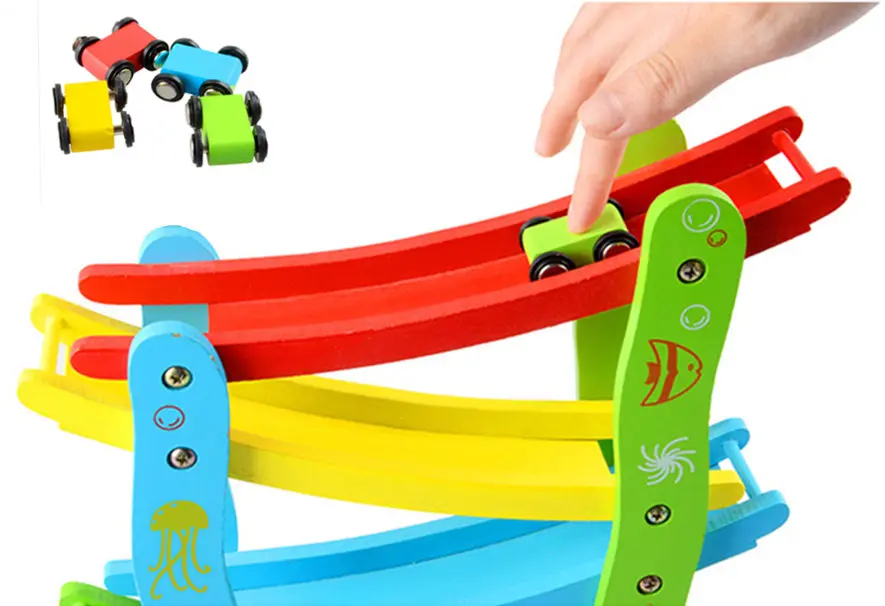 

[ Funny ] Wooden orbital speed cars colorful Educationa Slot model toy Four layers orbit 4 cars model Pull Back Racing car toy