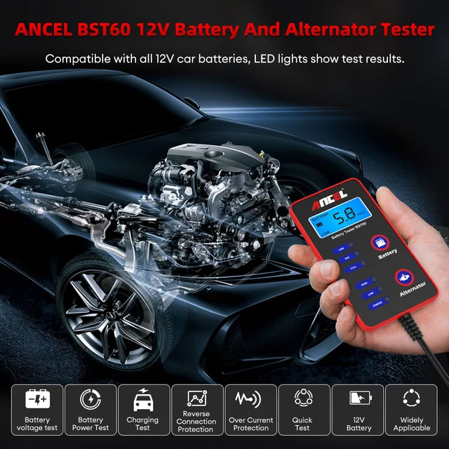 ANCEL BST60 12V Digital Car Battery Tester Quick Tester Alternator Charging with cigarette lighter adapter Car Battery Analyzer 2