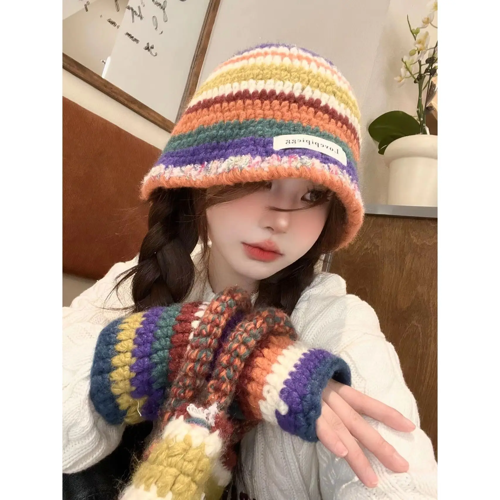 

2023 Crochet Knit Colorful Rainbow Bucket Hat for Women Winter Handmade Knit Female Short Brim Fisherman Beanies Hats Panama Cap