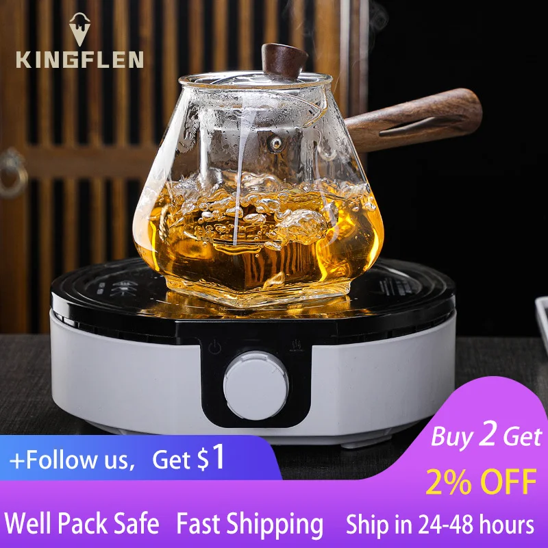 

Стеклянный чайник с фильтром и деревянной ручкой для китайской чайной церемонии, прозрачная чайная одежда, высококачественный борный сили...