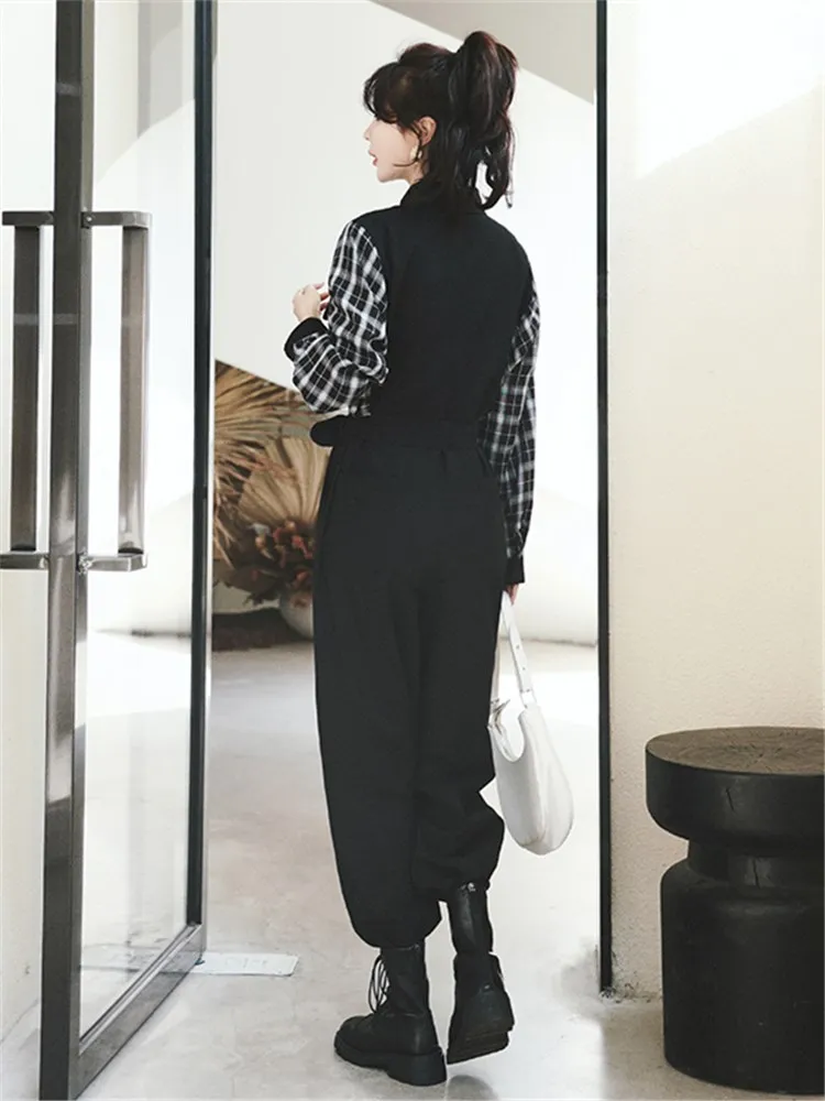 Women Fashion Splice Plaid Black One Piece Jumpsuit 2022 Spring Streetwear Loose Long Sleeve Wide Leg Harem Overalls Romper 8522 |