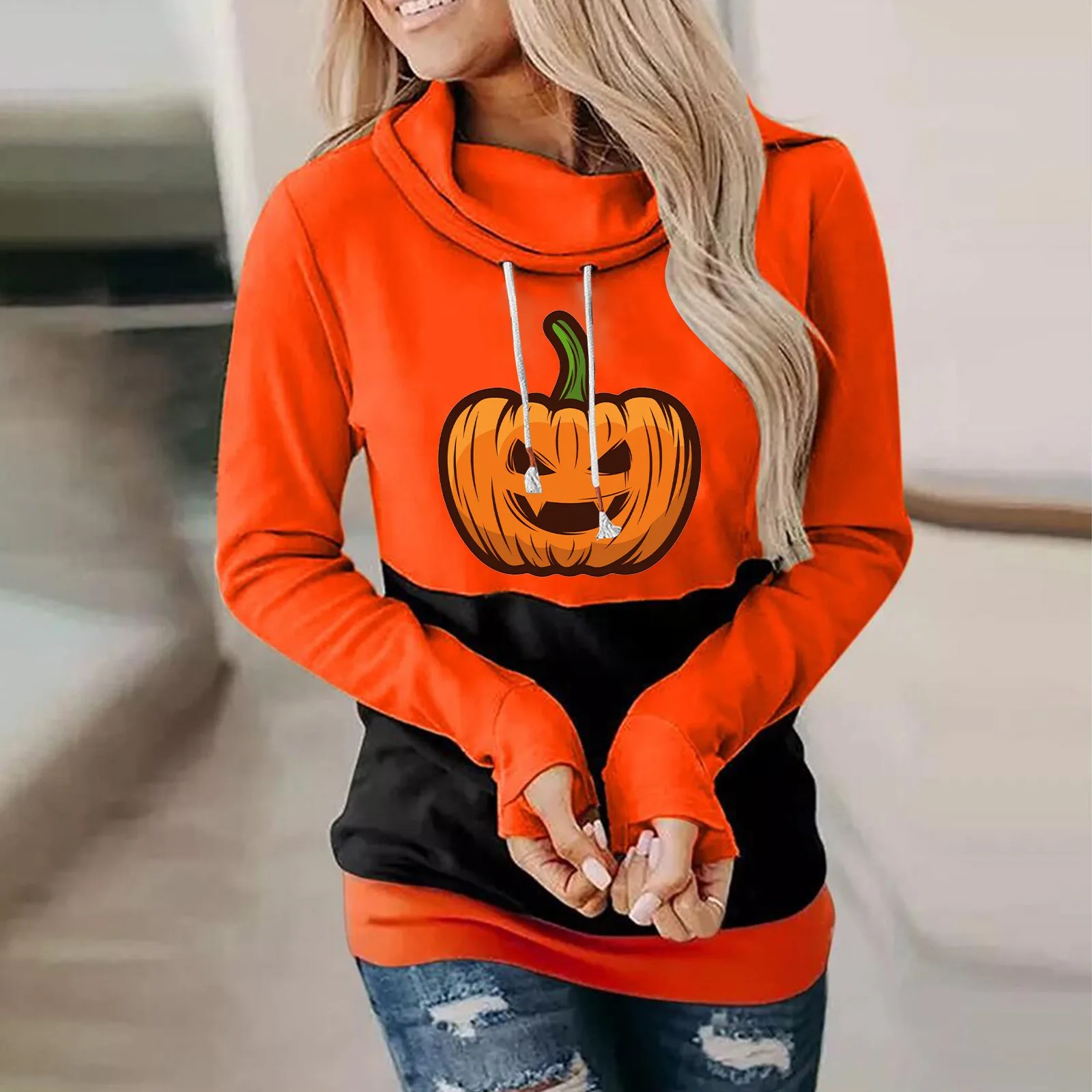 

Women Halloween Printing Sweatshirt Casual Long Sleeve Hooded Loose Drawstring Hoodie Womens Long Sleeve Casual Sweatshirts