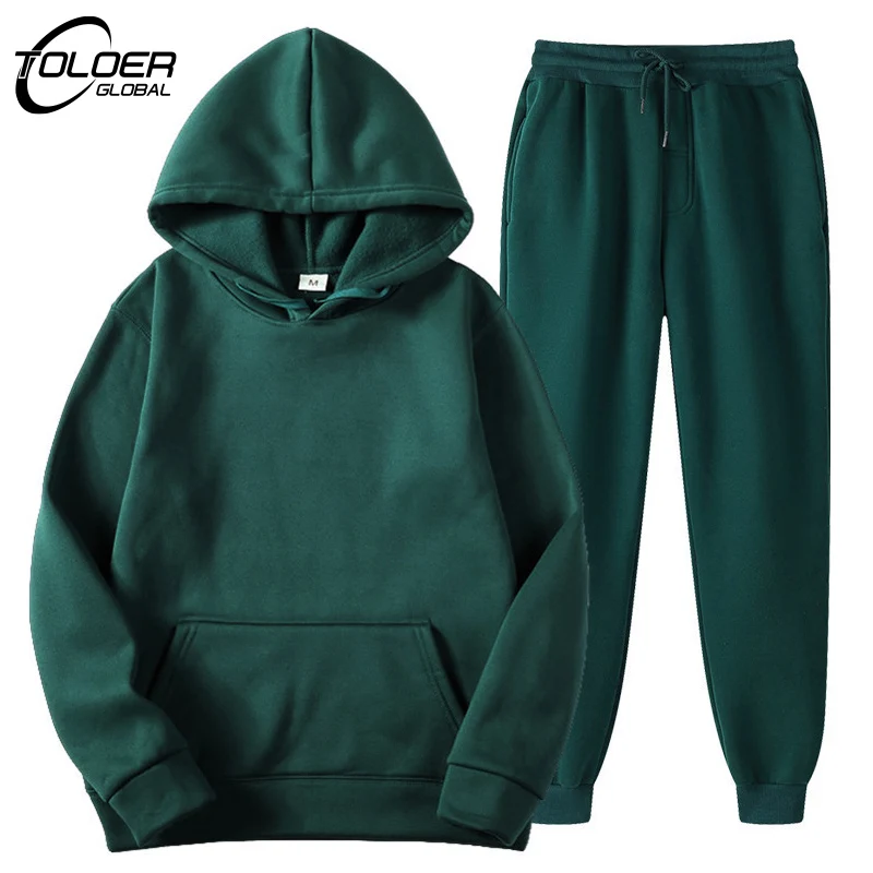 2022 Solid Men's Tracksuit Hooded Pullover + Sweatpants Sports Suit Casual Jogger Sportswear 2 Piece Male Fleece Streetwear Sets