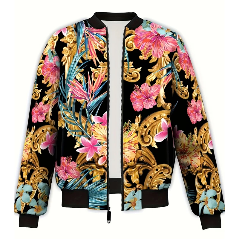 Luxury Baroque Bomber Jacket Men Women 3D Printed Gold Graphic Jackets Street Trend Fashion Flowers Autumn Zipper Soft Coat