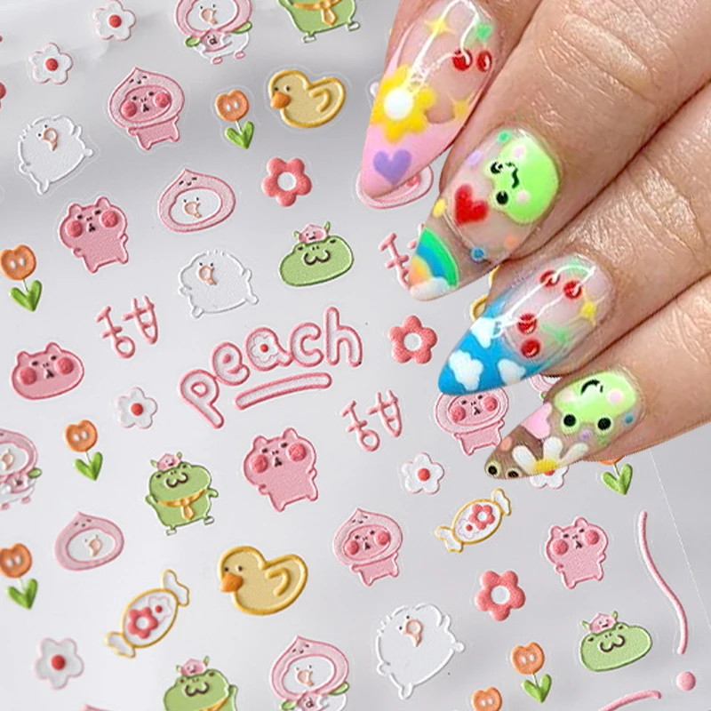 

5D Embossed Neon Nail Art Stickers Cute Nail Stickers for Kids Cartoon Nail Decals Star Moon Flower Rabbit Letters Nail Designs