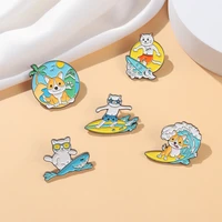 cartoon animal enamel pin custom cute surfing cat and dog metal brooch clothes backpack lapel badges childrens gifts for friend