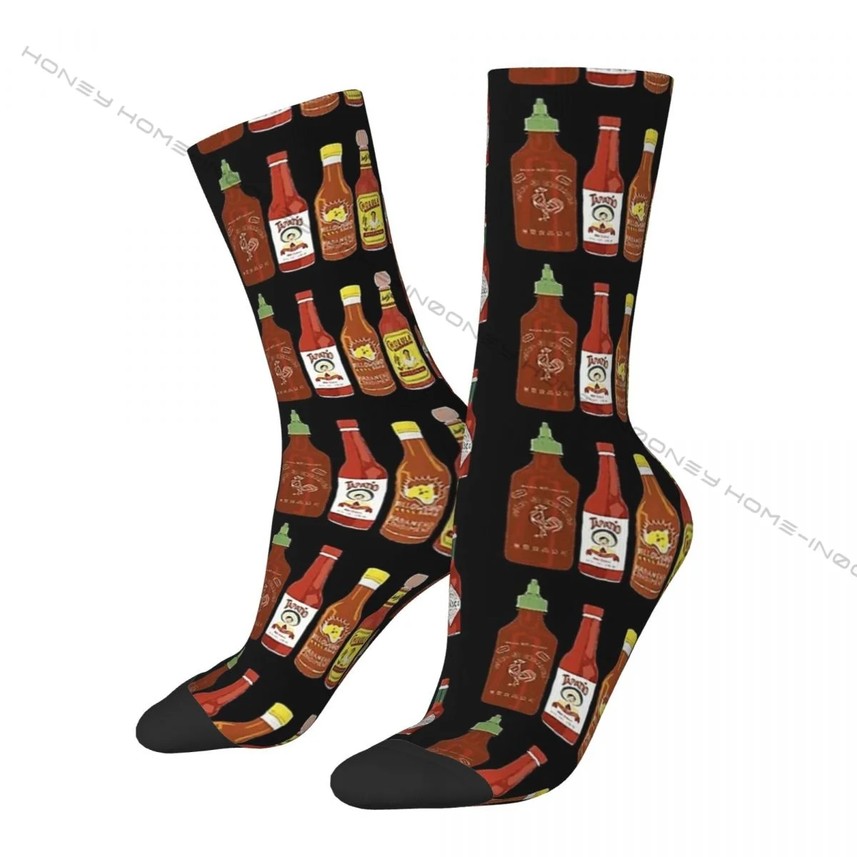

Vintage Spicy Check Out These Hot Sauces On Black Men's Socks Unisex Street Style Pattern Printed Funny Happy Crew Sock