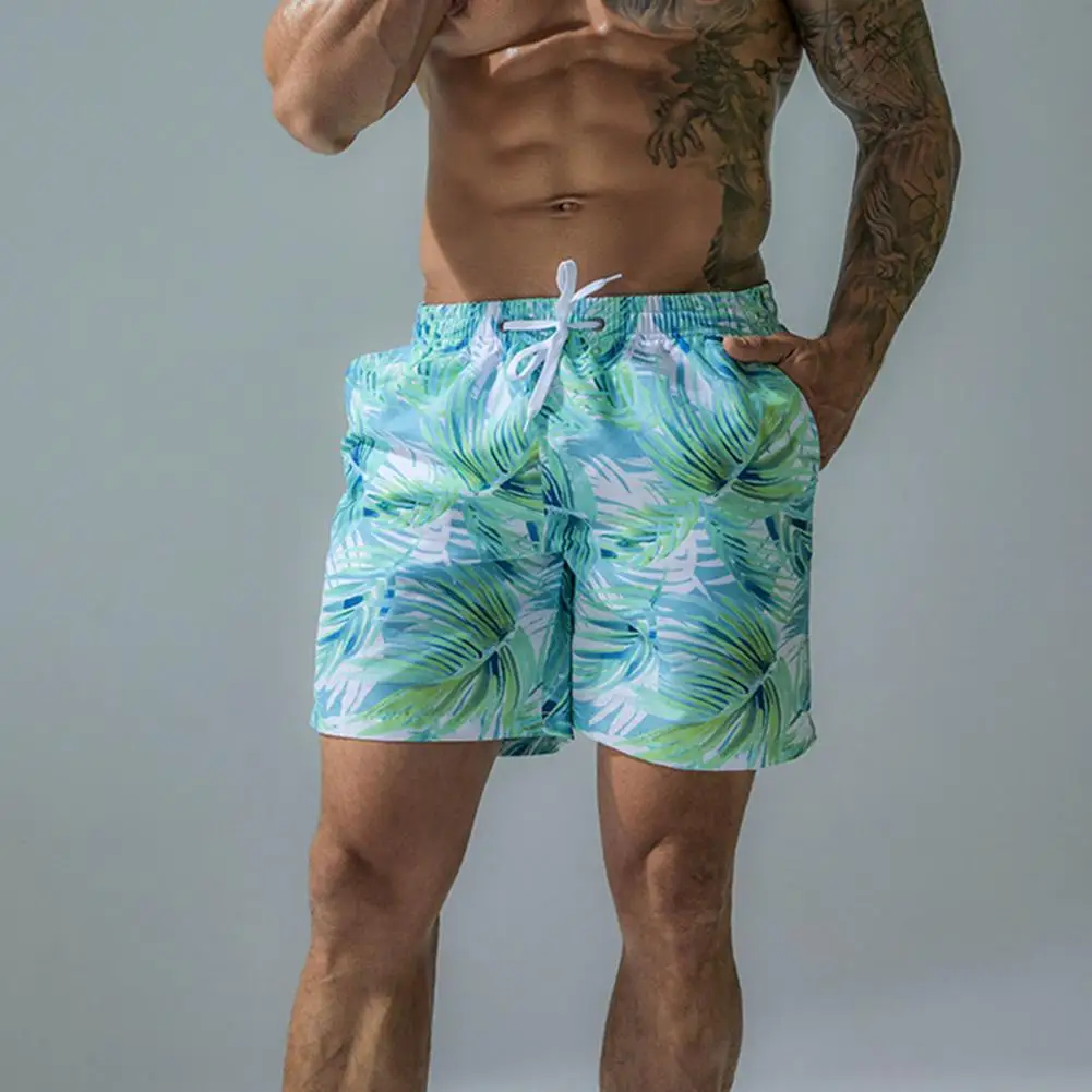 

Green Leaf Fashion Mid Length Swimming Shorts Drawstring Male Shorts Stylish for Beach Play