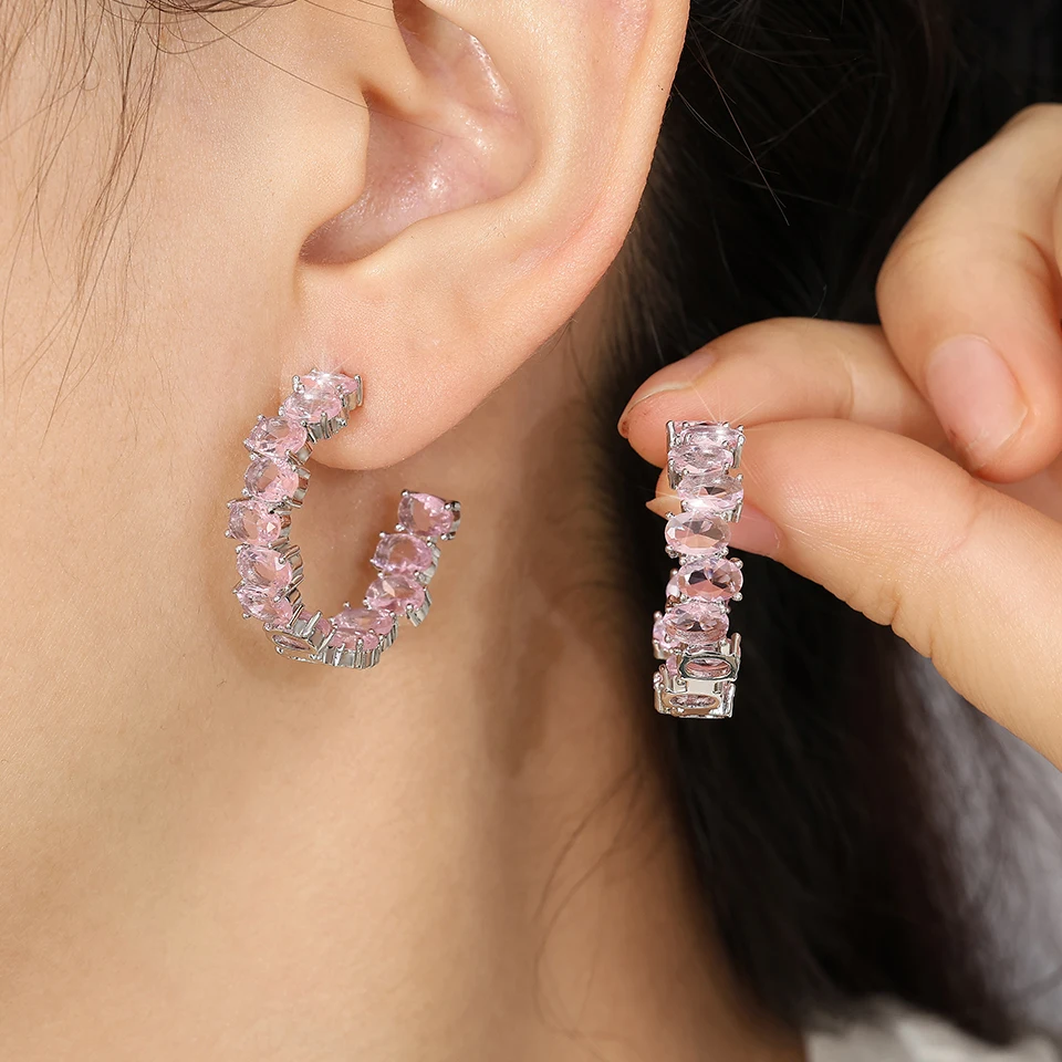 ZAKOL новые розовые овальные циркониевые серьги-кольца в форме CC для женщин модные