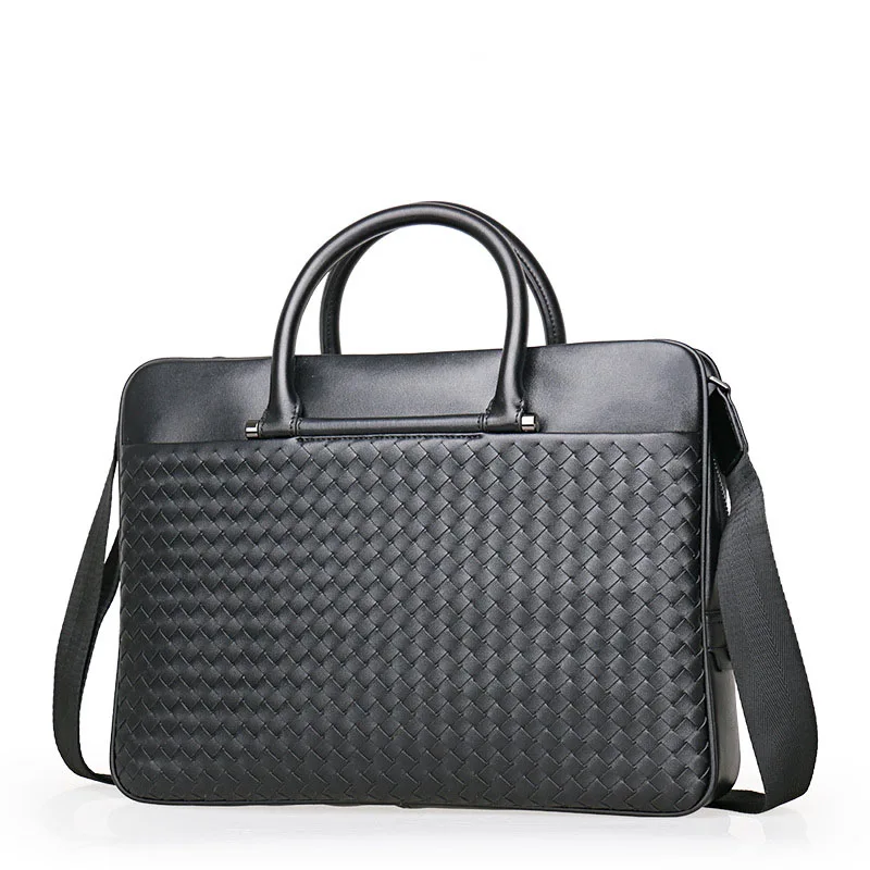 New Luxury Brand Weave Cow Genuine Leather Business Men's Briefcase Male Briefcase Shoulder Men Messenger Laptop Computer Bag