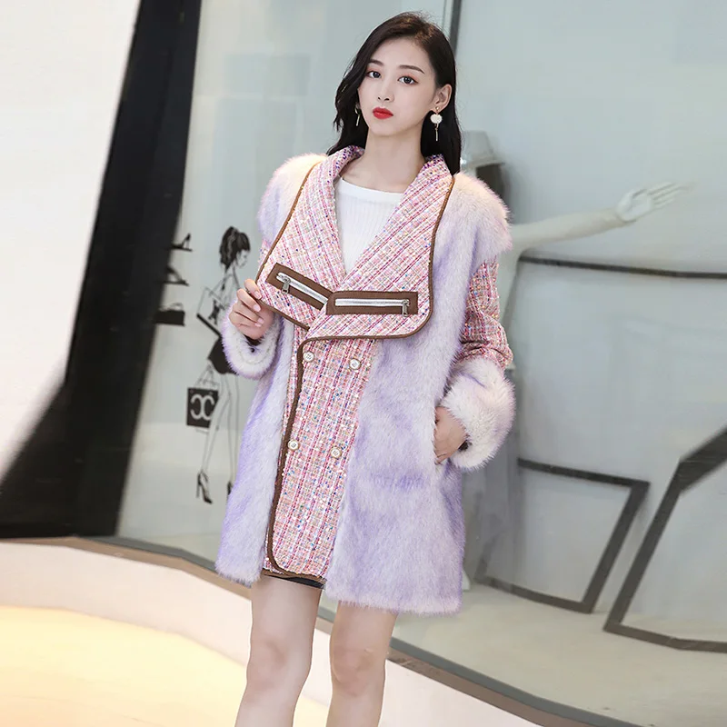 2022 New Senior Sense Autumn Winter Imitation Fur Coats Women Long Young Small Incense Wind Hair Stitching Fashion Coat Female