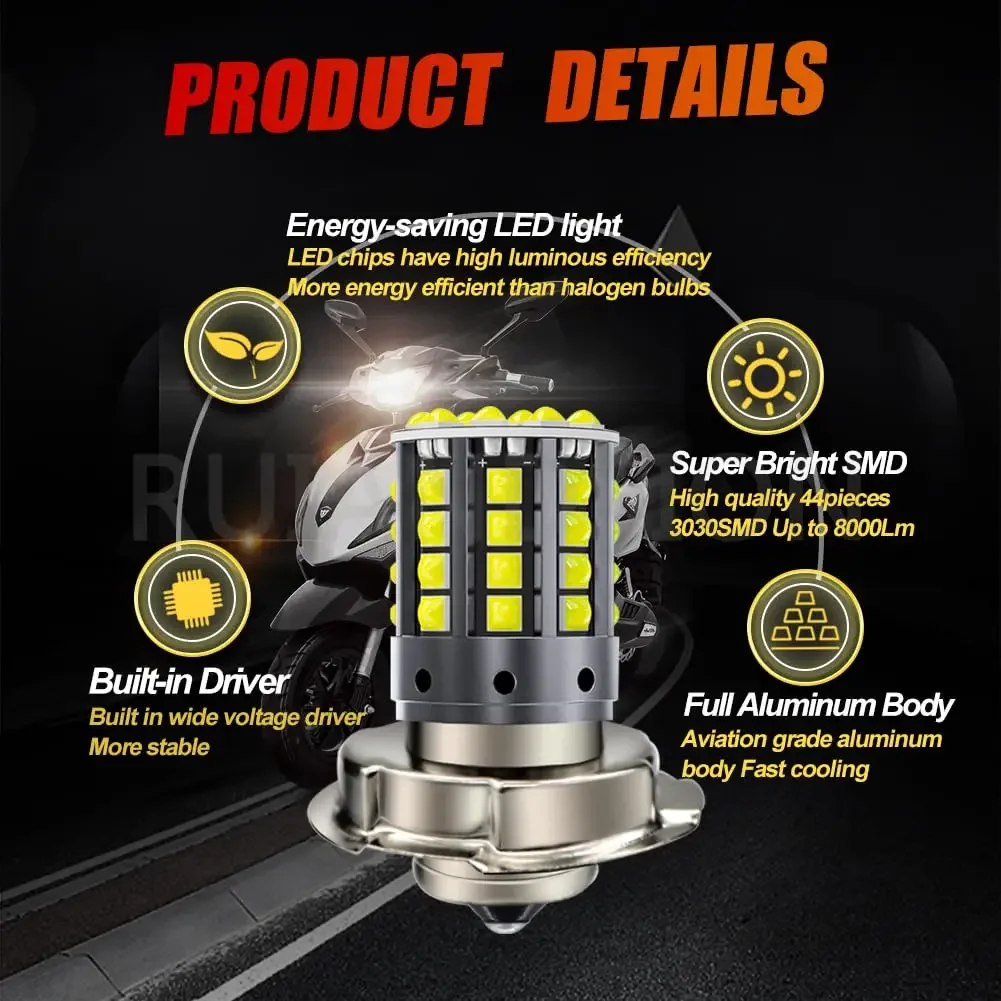 

Ruiandsion 10-80V DC P26S 3030 44SMD LED Motorcycle Headlamp Fluorescent White Light Bulb Projector Lamp Front Bulb White