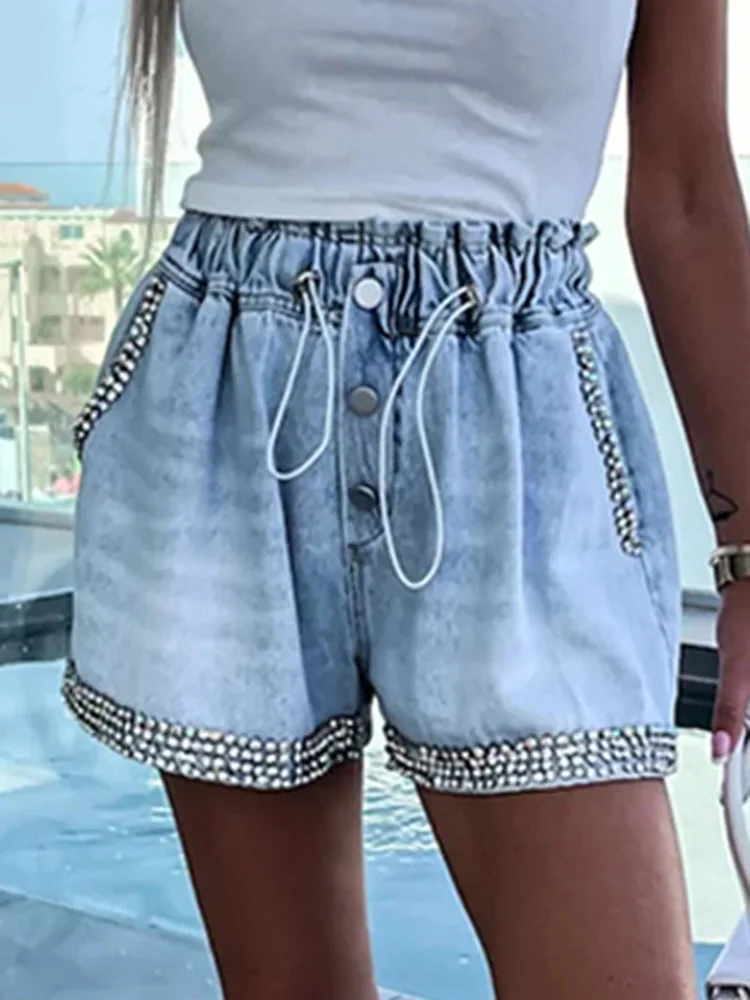 

Casual A-Line Rhinestone Denim Shorts Women 2023 Summer Handmade Beaded High Waist Loose Wide Leg Pants Female Chic Streetwear