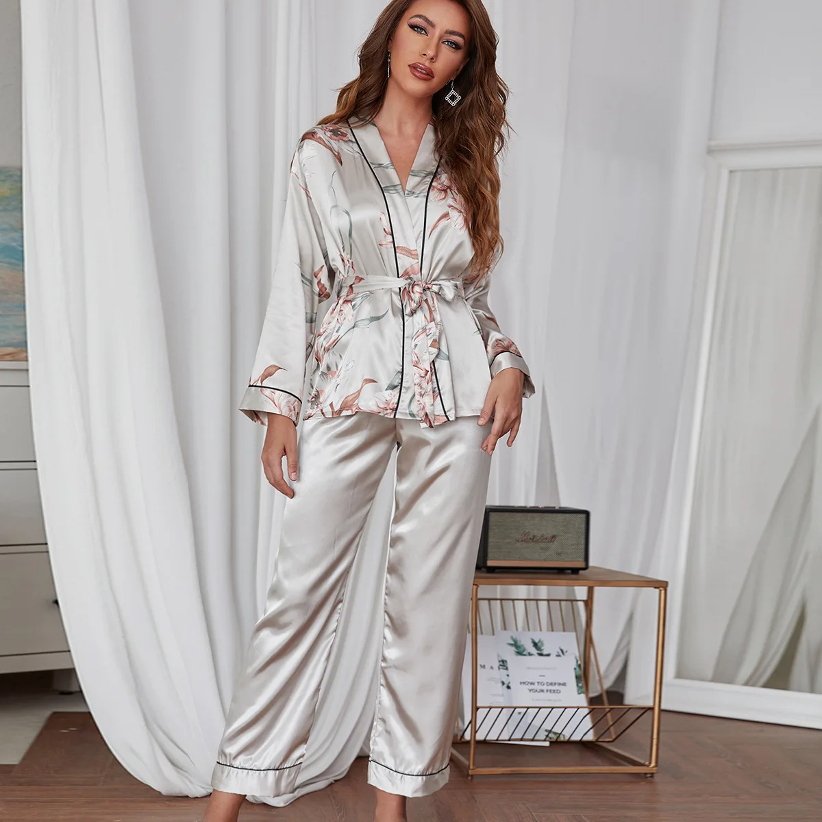 Female Two Pieces Satin Silk Pajamas Floral Print Sleepwear Set Autumn Winter Loungewear Suit Women's Outfits Casual Pyjamas Set