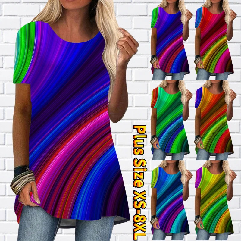 

2022 New Women Round Collar Rainbow Printed T Shirt Summer Daily Comfortable Temperament Tops Loose Hem Size Pullover Tide Tee