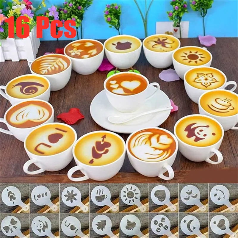 16 PCS/ Set Mixed Styles Cappuccino Latte Coffee Stencils Duster Cake Mold Spray, Coffee DIY Art Stencils
