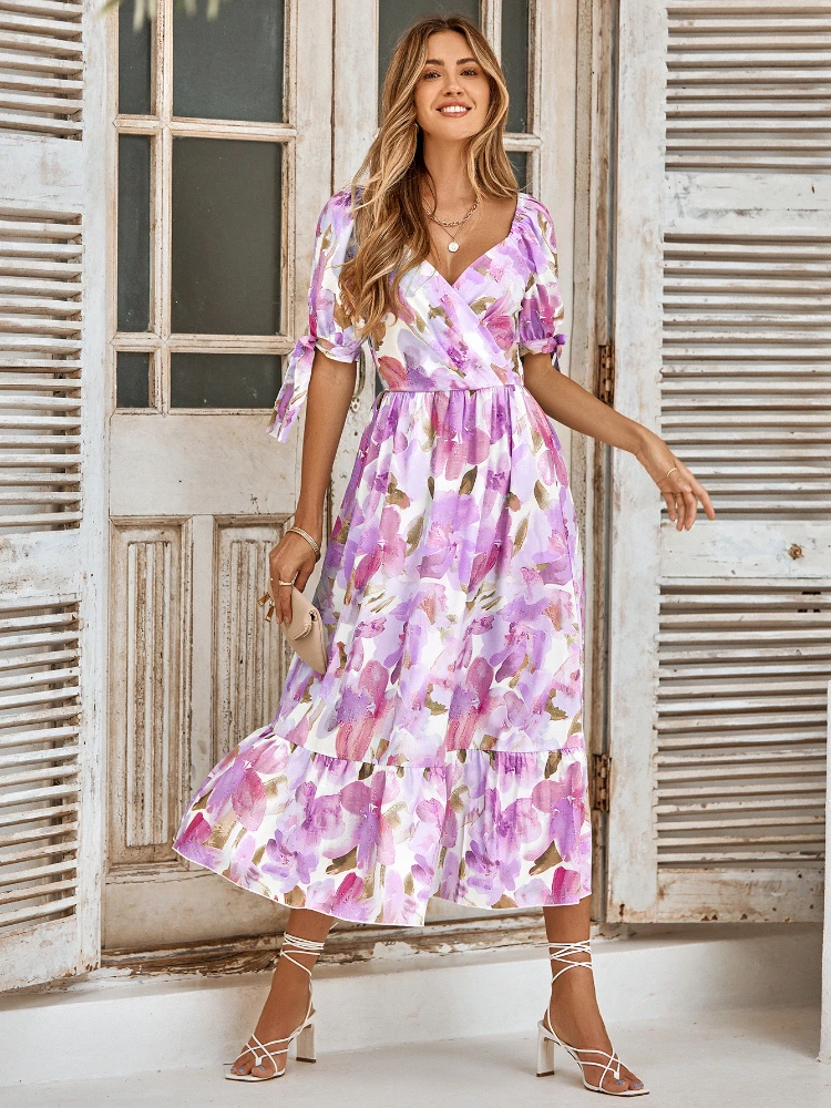 

Cute New In Summer Europe America Women Clothing Dresses Casual Printing Waist-closed Bubble Sleeve V-neck Dress A-line Skirt