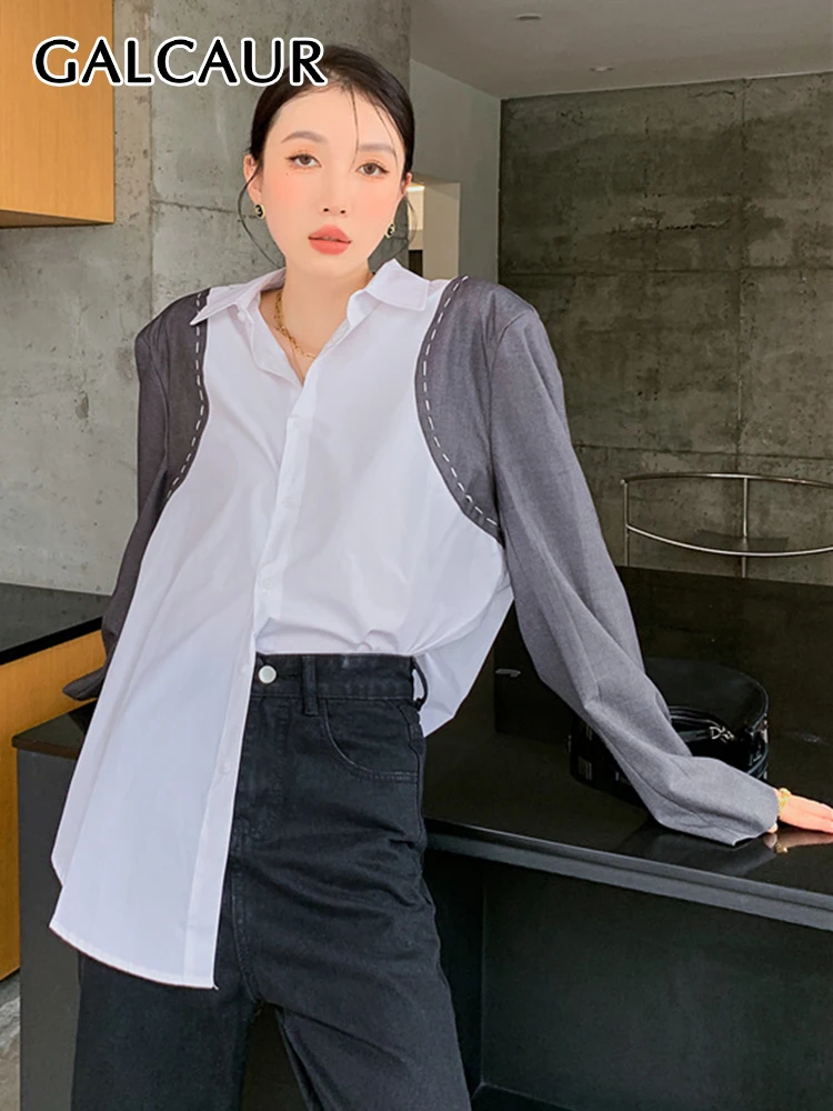 

GALCAUR Hit Color Shirt Female Lapel Long Sleeve Patchwork Striped Casual Blouse For Women Autumn Fashion Style Clothing 2022