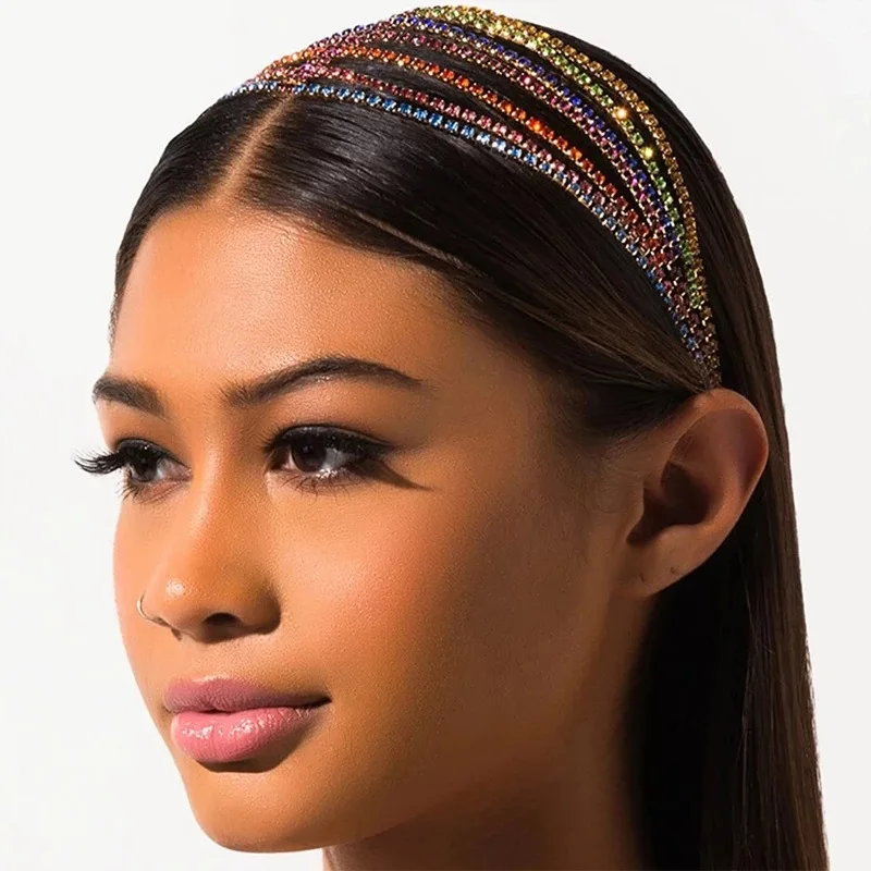 

Multilayer Rainbow Color Rhinestone Headband Luxury for Women Girls Bride Indian Wedding Hair Accessories Jewelry Hair Chain