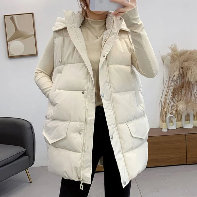 Winter Korean Fashion Sleeveless Female Jackets Hooded Solid Color Loose Outerwear Long Vest Coat Women Down Cotton Parkas