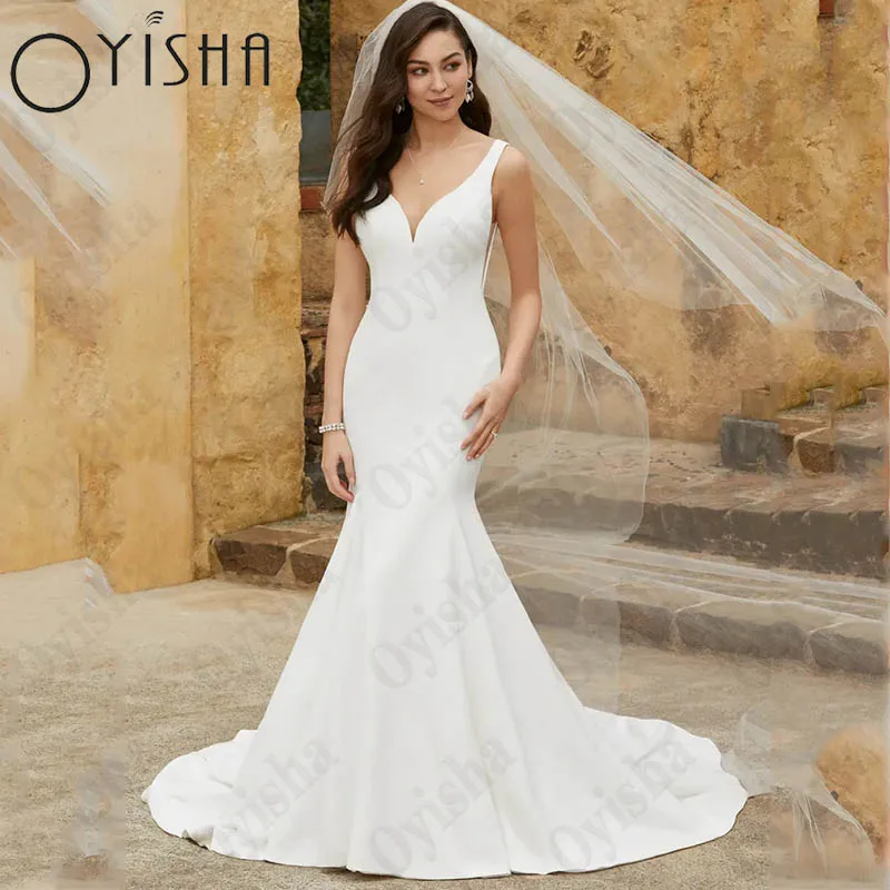 

Женское платье-Русалка на тонких бретельках Oyisha, простое свадебное платье без рукавов с V-образным вырезом и открытой спиной, на пуговицах, на заказ Простая русалка без рукавов Vestido Novia V-Neck Spaghetti Straps