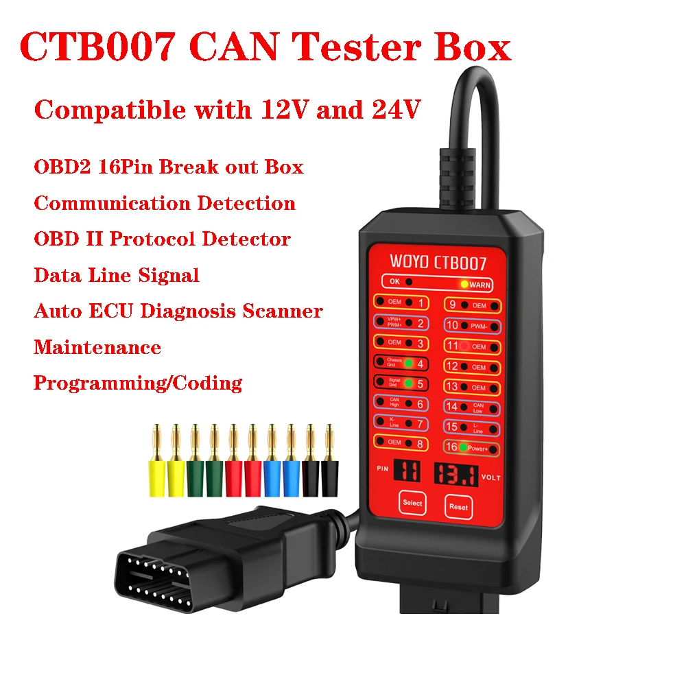 WOYO CAN Tester 12V 24V 16 Pin Break Out Box Detection CAN Bus Circuit Tester Vehicle Diagnosis On-Board Diagnostics Tool