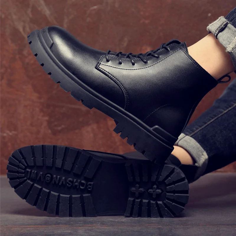 

Мужские ботинки на толстой подошве, короткие мотоботинки, высокие сапоги с 6 отверстиями, черная кожаная обувь, для оснастки