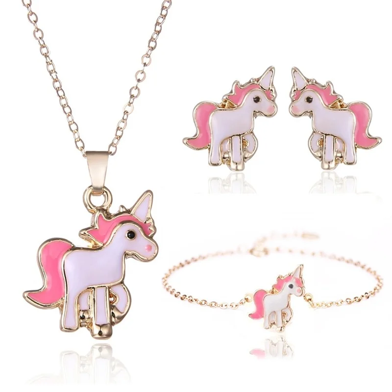 4 in 1 Earring and Necklace Set Cartoon Unicorn Necklace Earrings Jewelry Pink Girls Xmas Jewelry Gift images - 6