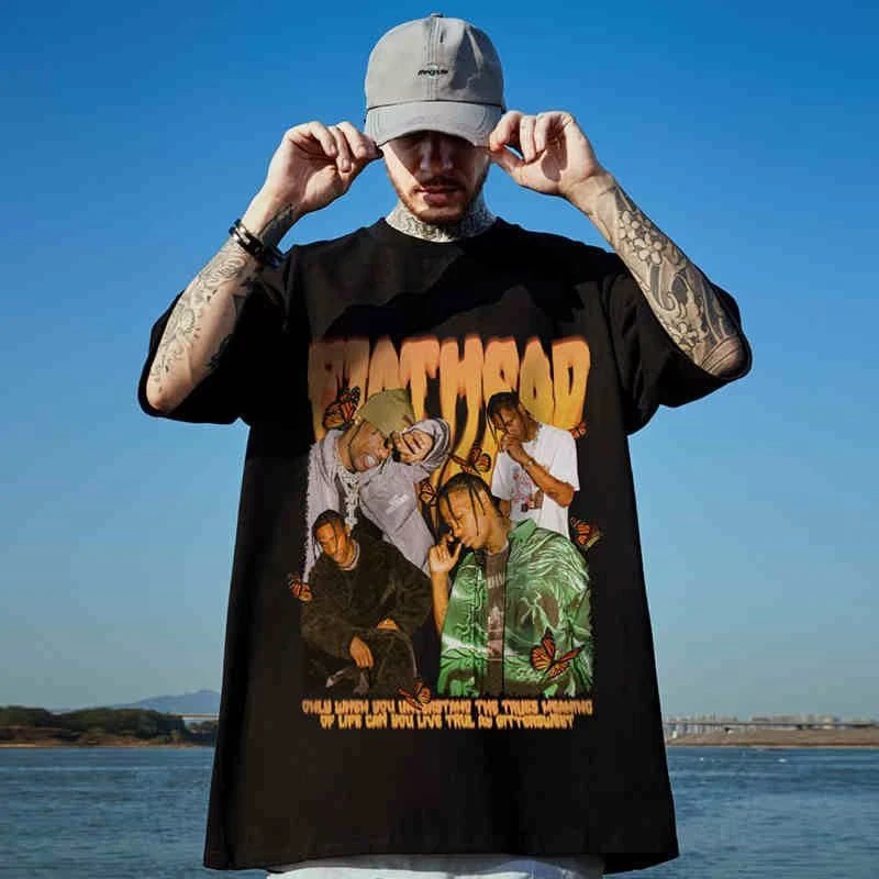 

Hip Hop T-shirts High Street Men Women Oversize Character Butterfly Alphabet Print Top Tee