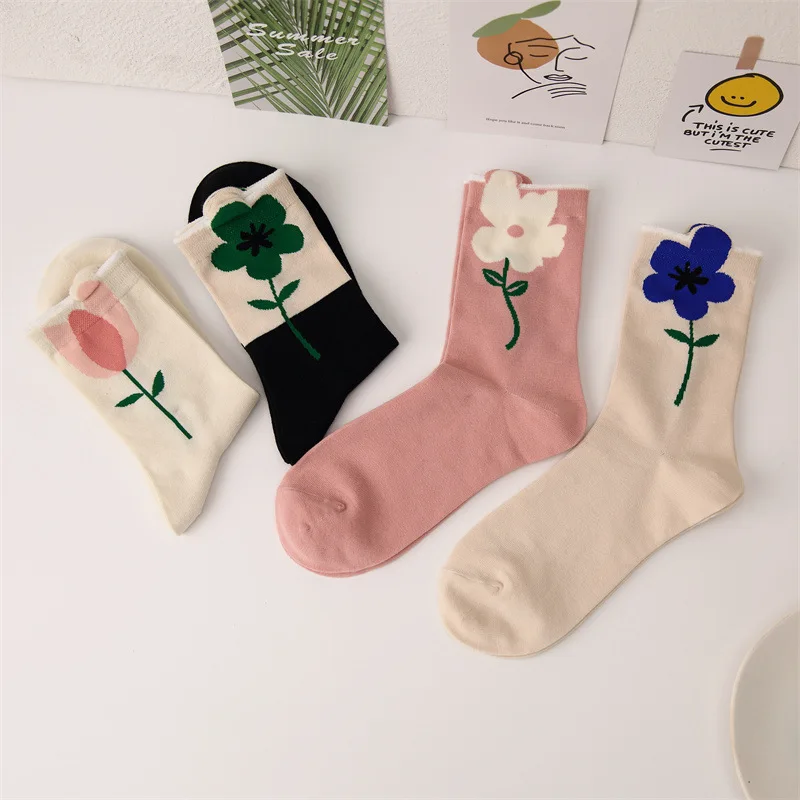Autumn 2022 New Harajuku Socks Women Fashion Designer Middle Tube Socks Funny Flower White Tulip Ladies Cotton Socks Pack 5 Pair