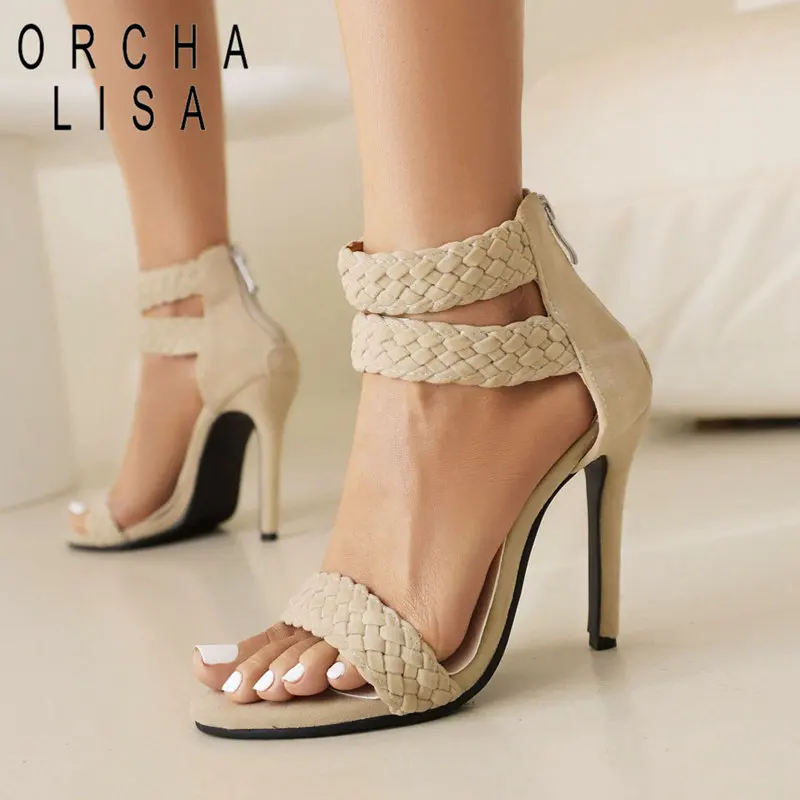 

ORCHA LISA Brand Women Sandals Peep Toe Thin Heels 11cm Zipper Flock Suede Plus Size 45 46 47 48 Knitting Party Female Shoes