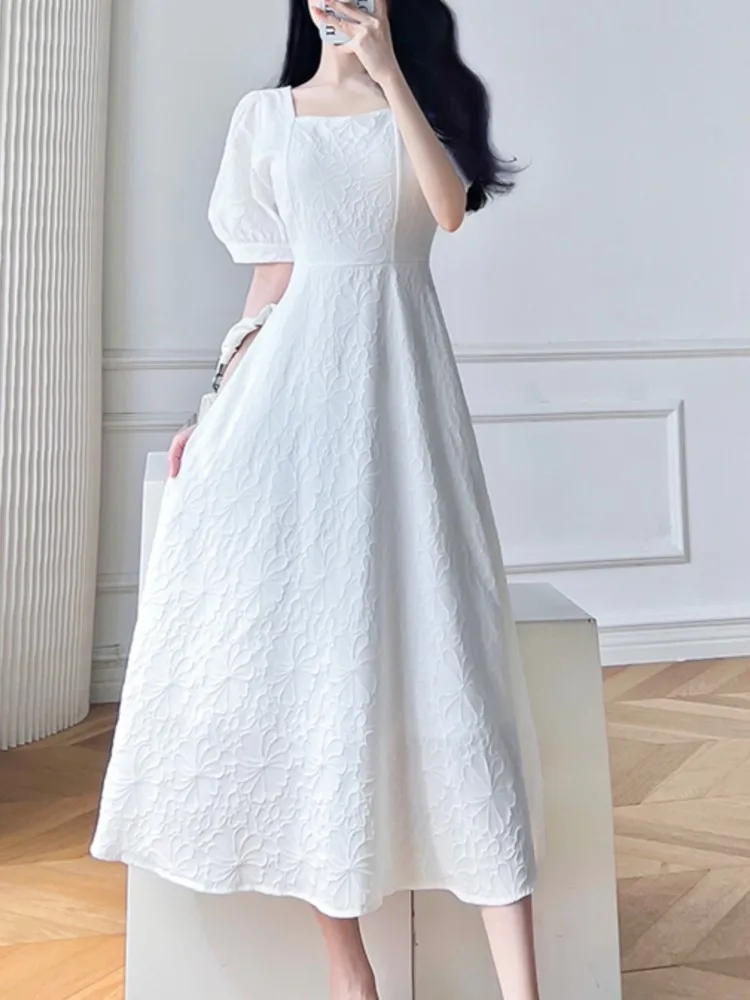 

Summer New Elegant White Midi Dress For Women Solid One Piece Lady Slim Clothing Femme Fashion Party Prom Clothing Vestidos