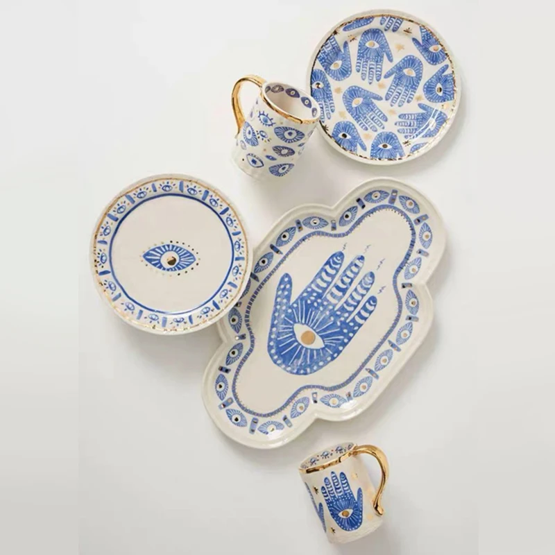 Creative Hands Eyes Plate with Gold Rim Ceramic Dinnerware Dessert Cake Dishes Coffee Cups Indian Style Totem Serving Tray