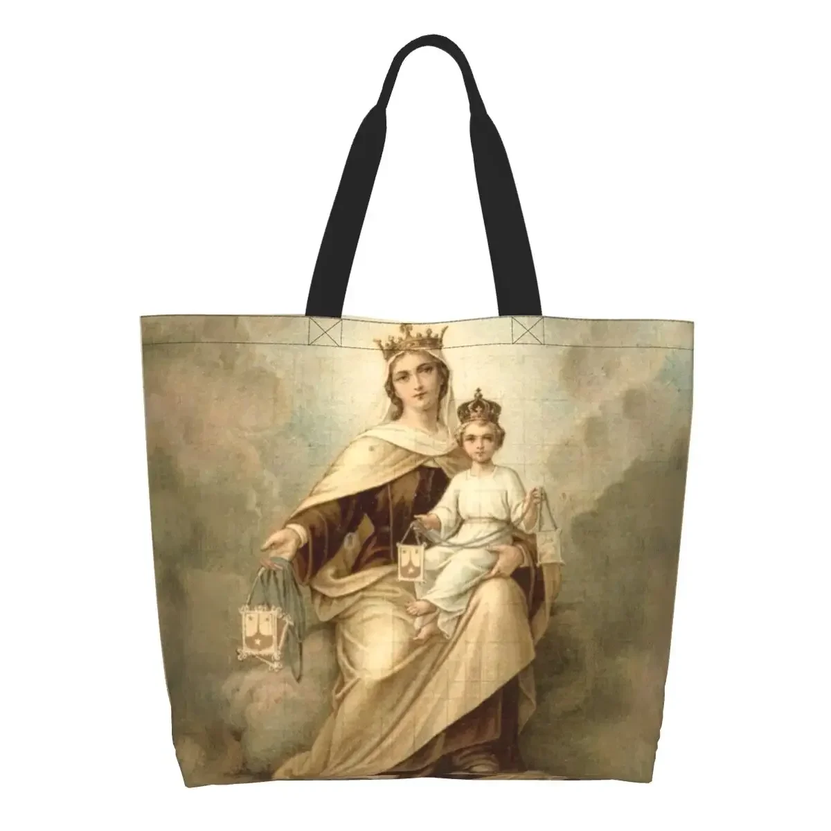 

Our Lady Of Mount Carmel Grocery Shopping Bag Canvas Shopper Tote Shoulder Bag Big Capacity Durable Catholic Virgin Mary Handbag
