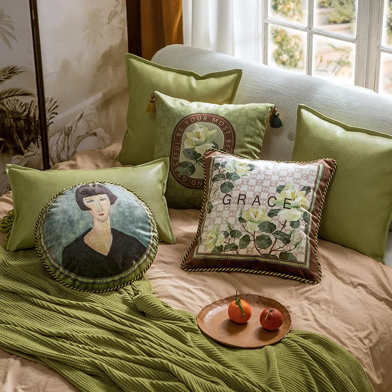 Retro Flower Throw Pillow Covers White Rose Home Decorative Pillowcase Vintage Cushion Cases Square Pillow Shell 45x45cm Green