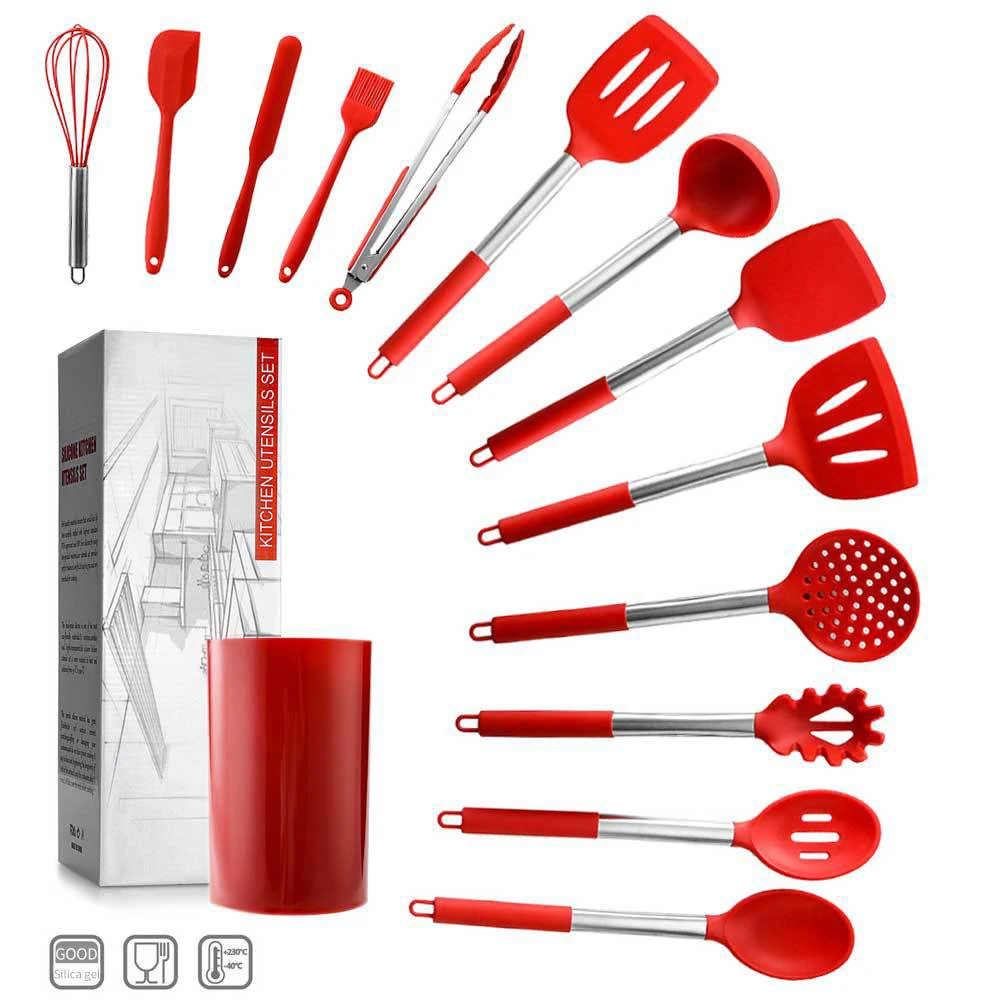 

Kitchen Tools Spoon Slotted Turner Red 14pcs Practical Multifunction Leakage Shovel Egg Beater Black Silicone Durable