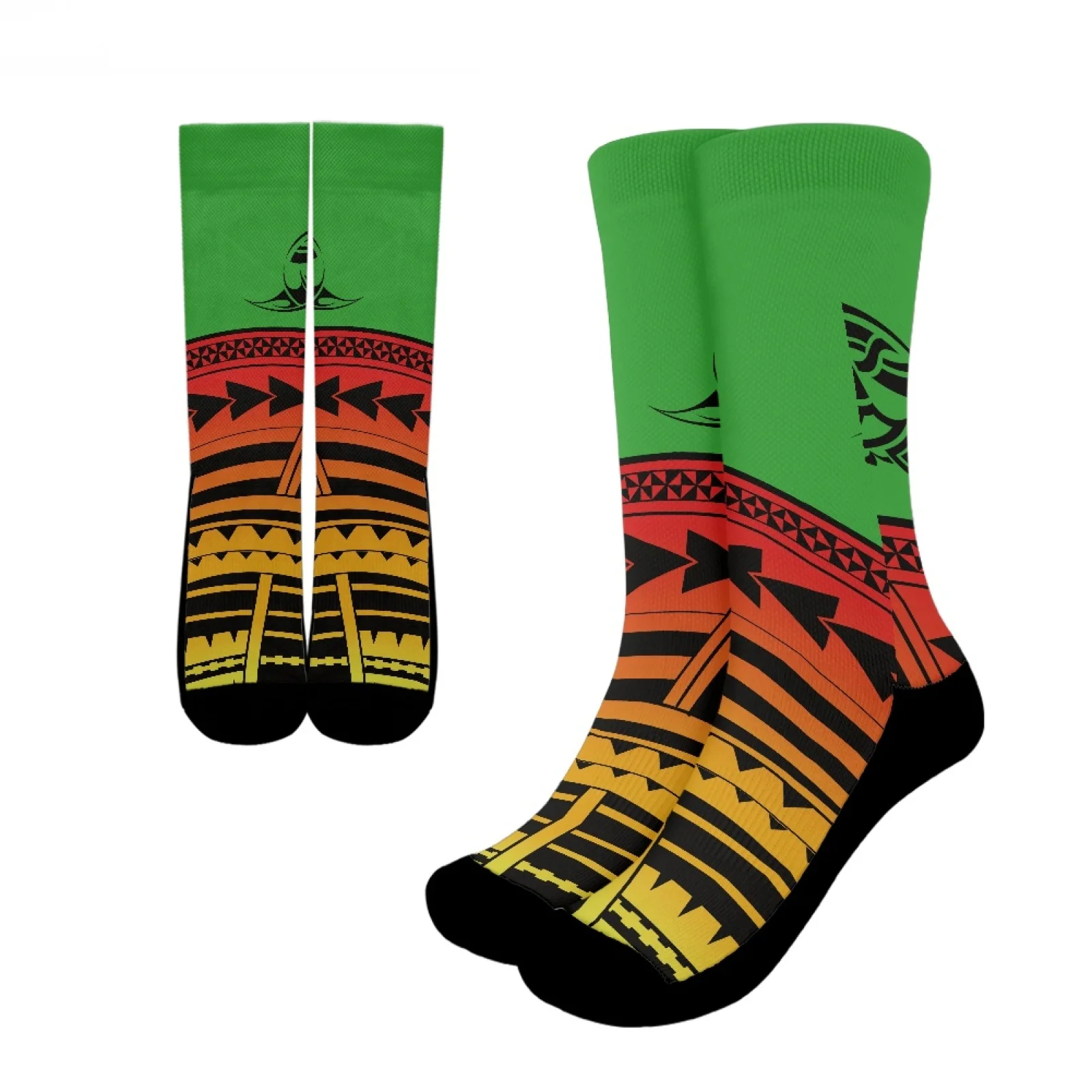 

Polynesian Tribal Pohnpei Totem Tattoo Prints Vintage Red Green Two-Tone Crew Socks High Quality Comfort Polyester Sports Socks