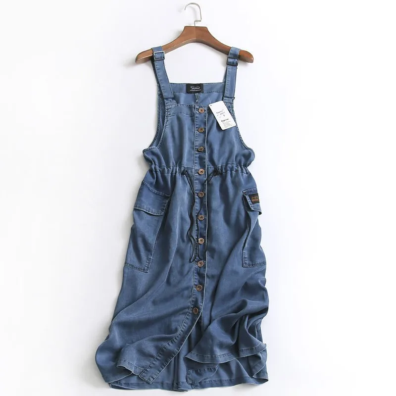 

Платье женское джинсовое без рукавов, однобортное хлопковое винтажное голубое платье на бретелях-спагетти, до колена, P84, на лето