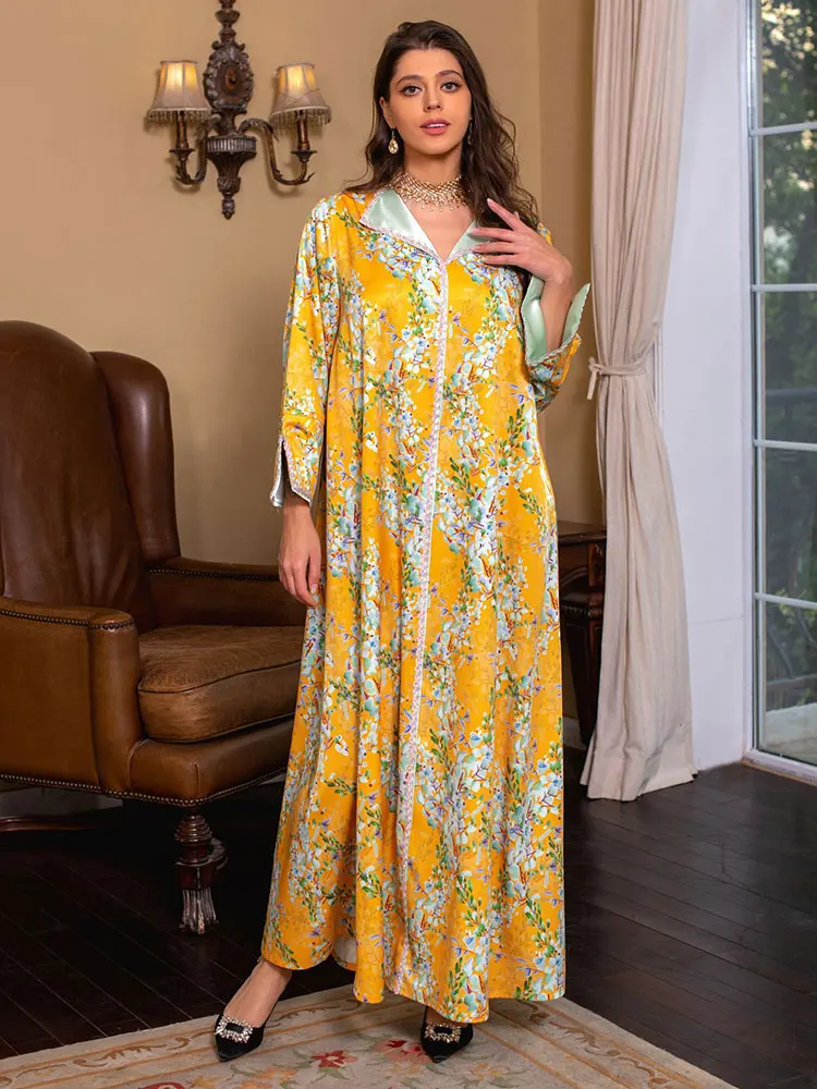 

Floral Moroccan Kaftan Gulf Jalabiya for Women Diamond Trimming Loose Satin Evening Dresses Muslim Ramadan Eid Dubai Saudi Abaya