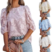 european and american womens clothing summer new flower texture puff sleeve chiffon loose sweet top