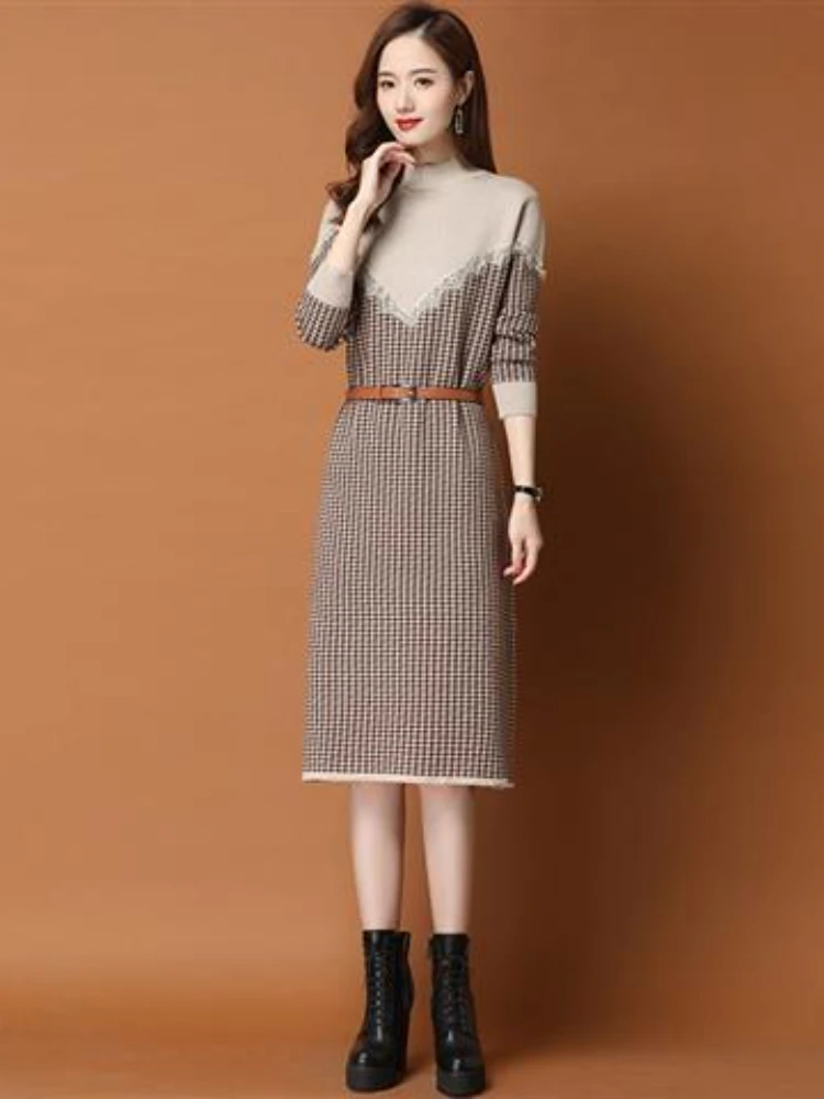 

Elegant Dresses for Women Autumn Winter New Lace Stitching Long-sleeved Sweater Skirt Mid-length Pullover Skirt Fashion Dress