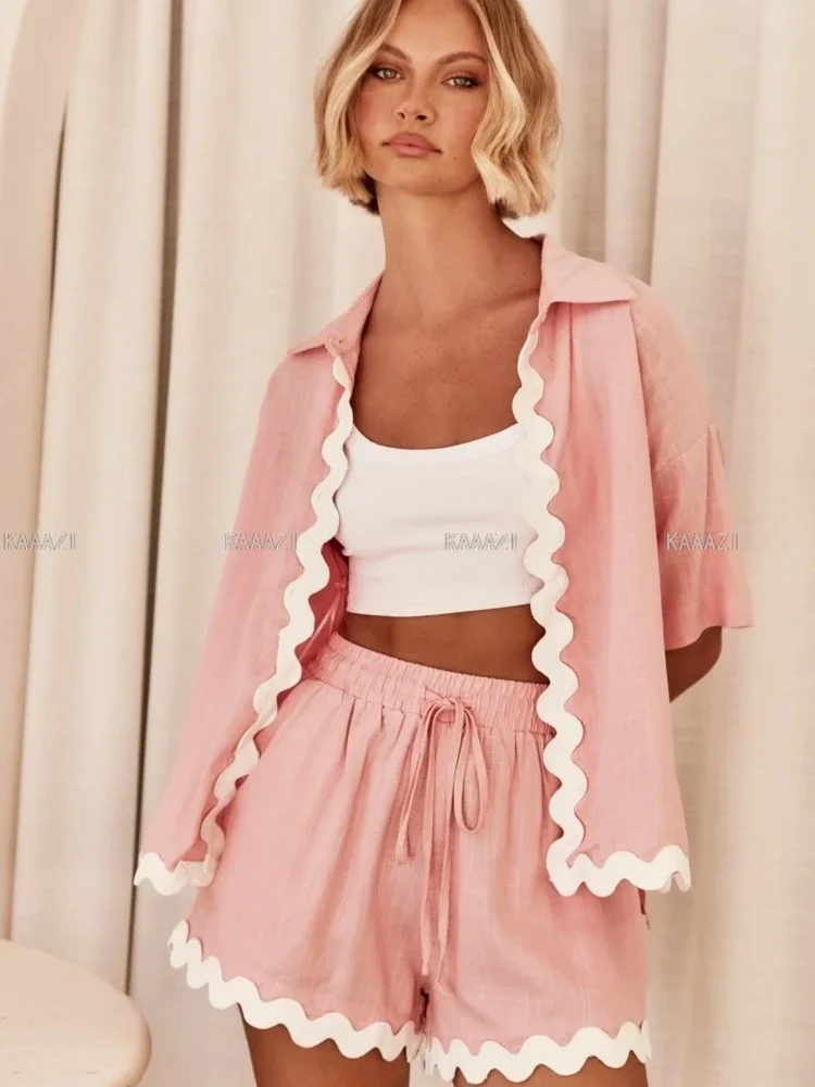 Повседневная Женская рубашка с коротким рукавом топ костюмы летние шорты