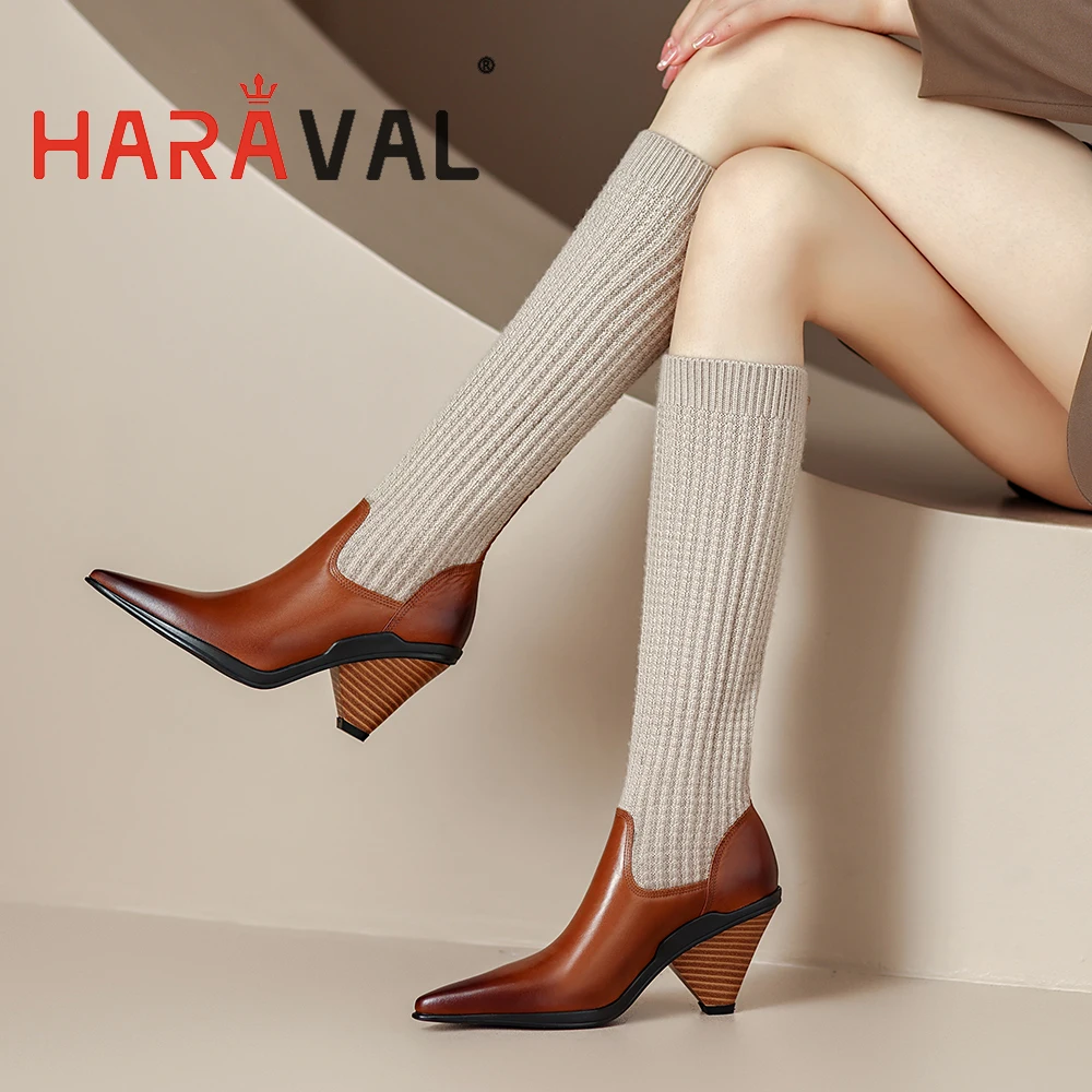 

HARAVAL 2022 New Design Strange Heels Knee High Boots Casual Party Stretch Slip On Shoes For Lady Fshion Elegant Autumn Spring