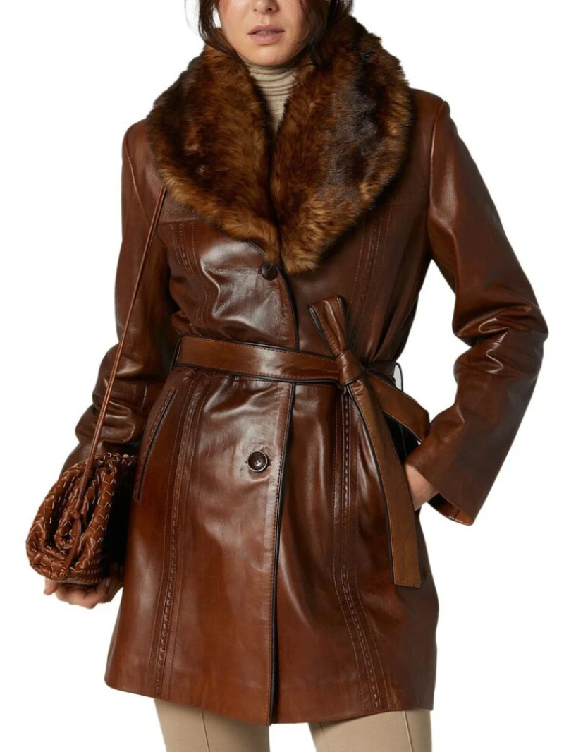 Women Leather Jacket Brown Genuine Real Leather Fur Collar Belted Long Trench Coat